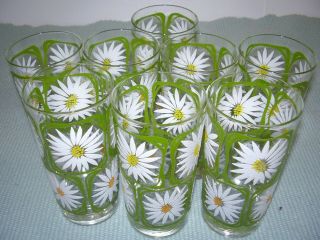 Set Of 8 Vintage Libbey 12 Oz.  Glass Tumblers White Daisy With Green Squares