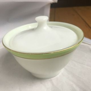 Vintage Pyrex Milk Glass Sugar Bowl With Lid Lime Green & Gold Trim Euc