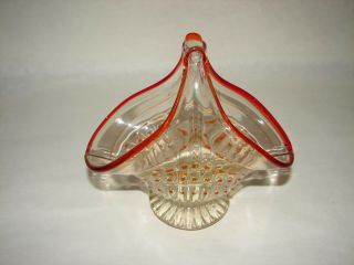 Bohemian Hand Blown Art Glass Basket With Ruby Red Trim & Dots Czechoslovakia