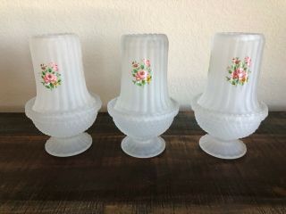 3 Vintage Fenton Frosted Glass Pink Floral Fairy Lamp Tea Light Candle Holder