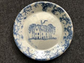 Beaumont Brothers Pottery Bbp Miniature Plate House Trees Blue Gray Stoneware