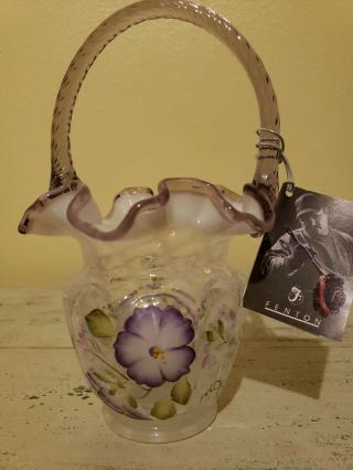Fenton Glass Opalescen Open Heart Arches Basket With Hand Painted Flowers Signed