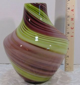 Green & Purple Swirl Murano Style Hand Crafted Art Glass Vase