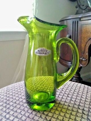 Vintage Mid Century Blenko Green Art Glass Crimped Rim Pitcher Vase