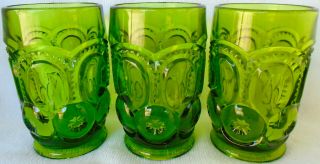 (3) Vintage Green Moon And Stars 11 Oz.  Flat Tumbler By L.  E.  Smith Glass 4 3/4