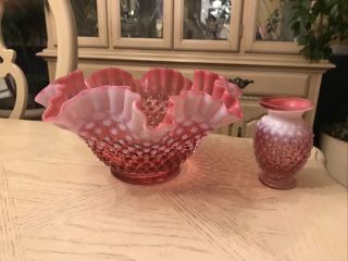 Fenton? Cranberry Hobnail Opalescent Ruffled Glass Large Candy Dish