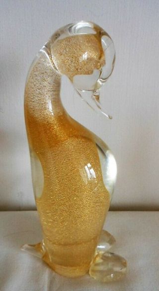Signed Venetian Murano Bird Figure,  Clear & Gold Aventurine Cased Glass Duck