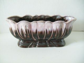 Vintage Mid - Century Dark Brown & Pink Drip Glaze Ceramic Oblong Fluted Planter