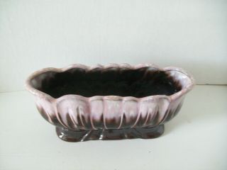 Vintage Mid - Century Dark Brown & Pink Drip Glaze Ceramic Oblong Fluted Planter 2