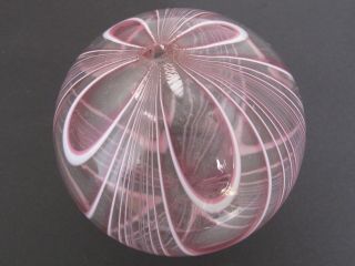 Vintage Hand Blown Round Studio Art Glass Pink And White Swirl Ball