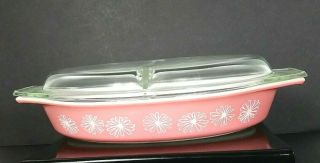 Vintage Pyrex Pink Daisy Divided Dish With Lid Cinderella Oval