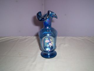 Fenton Twilight Blue - Hand Painted - Pinched Vase Signed By Artist.