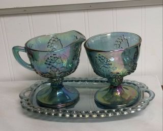 Indiana Blue Carnival Glass 3 - Piece Set Vintage Sugar/creamer With Tray