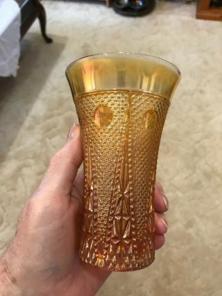 Marigold,  Carnival Glass,  Jain,  Beaded Spears,  India Tumbler 13cm,  Tallx81/2cm,  Wide.