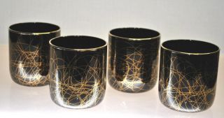 Rare - Vintage " Libbey " Black Cocktail Glasses With Gold Gilt Swirls Contemporary