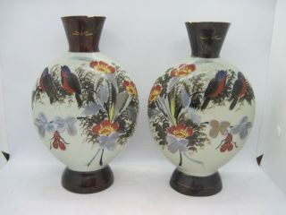 Vintage Pair Oriental Style Glass Vases - Hand Painted Birds & Flowers