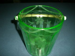 Vintage Green Depression Ice Bucket With Etched Flower Design And Metal Handle