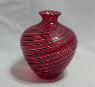 Artist Signed Art Glass Red And Black Swirl Vase