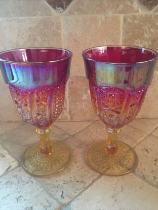 Set Of 2 Vintage Indiana Carnival Glass Red Amberina Goblets