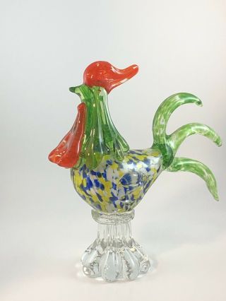 Murano Hand Blown Glass Rooster Figurine Colorful 9 1/4 " Tall On Clear Pedestal
