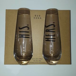 Rae Dunn Stemless Flutes Ll His.  Hers.  10 Oz Glasses Set Of 2 Wedding Gift Anniv
