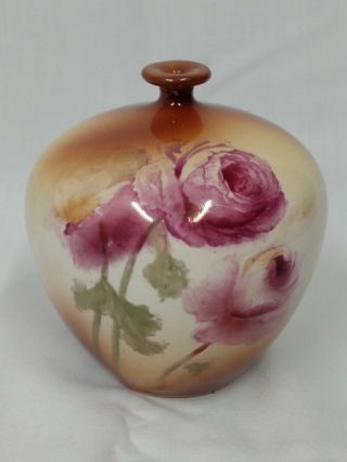 Vintage Royal Bonn Hand Painted Porcelain Pink Roses Flowers Thin Neck 5 " Vase
