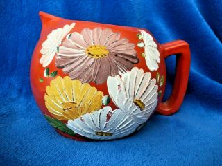 Vintage Ransburg Orange Ball Pitcher Hand Painted W /flowers Usa 5 " Tall