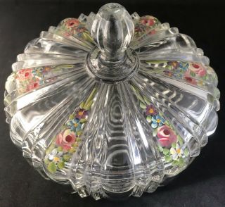 Vintage Anchor Hocking Old Cafe Clear Candy Dish With Painted Flowers