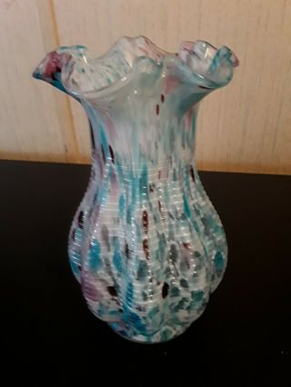 Vintage Fenton Art Glass 9” Vase With Ruffled Pink Blue With Brown Swirls.