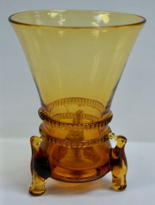 Unusual Vintage Amber Glass Vase With Three Bird Feet,  9.  5cm Tall