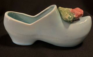 Vintage Ceramic Mccoy Pottery Blue Dutch Shoe Planter With Pink Rose 7.  5 " Long