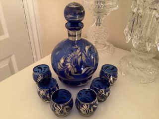 Vintage Murano Decanter And 6 Glasses Cobalt Blue With Silver Overlay