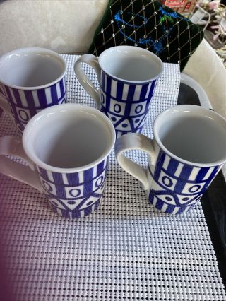 Vintage Dansk " Arabesque " Blue & White 10 Ounce Porcelain Coffee Mugs (4)