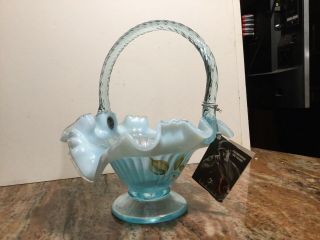 Vintage Fenton Glass Blue Opalescent Silver Crest Basket Signed By Artist