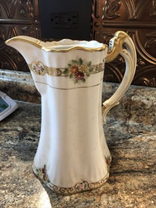Vintage Nippon Cream Pitcher Hand Painted Flowers W/ Gold Trim 7” Tall