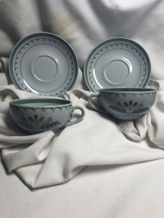 Arabia Finland Green Thistle Teacups & Saucers Coffee Cups Large Vintage 2 Tea