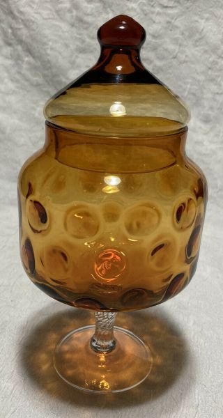 Vintage Empoli Optic Dot Amber Brown Clear Pedestal Apothecary Candy Jar W/ Lid