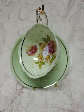 Vintage Paragon Tea Cup With Saucer Green W/ Floral Fine Bone China