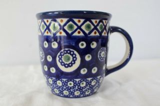 Vintage Boleslawiec Polish Pottery Mug Cobalt Blue Flowers Green Brown Accents