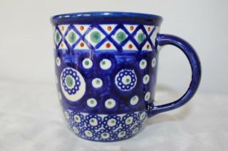 Vintage Boleslawiec Polish Pottery MUG Cobalt blue flowers green brown accents 2