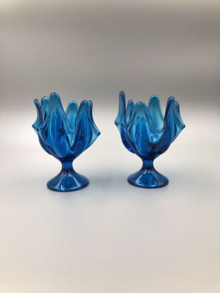 Pair Vintage Viking Co Six Point Petal Blue Footed Stretch Swung Vases 5”