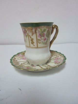 Ls & S Limoges France Green & Gold Hand Painted Cup & Saucer