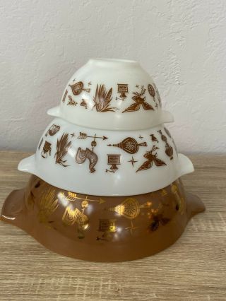 3 Vintage Pyrex Early American 444/443/441 Cinderella Nesting Mixing Bowls Brown