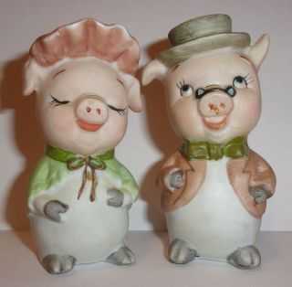 Vtg Lefton Anthropomorphic Happy Couple Mr Mrs Pig Salt Pepper Shakers Bisque