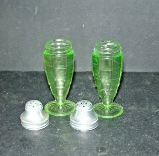 1929 - 1933 Anchor Hocking Block Optic Green Footed Salt & Pepper Shakers