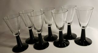 7 Vintage Art Deco Cordial Wine Glasses Clear Crystal Black Beehive Stem 5 "