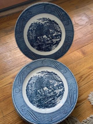 2 Royal Currier And Ives Dinner Plates " The Old Grist Mill” Cobalt Blue 10 "