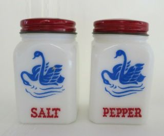 Vintage Mckee Blue Swans Milk Glass Salt & Pepper Shakers 3.  25 " Tall