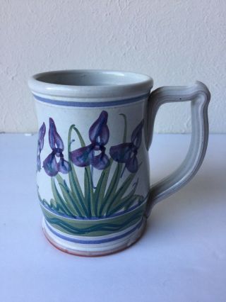Sj Pottery Bethel Missouri Art Studio Purple Iris Flowers Coffee Tea Mug 4.  5 "