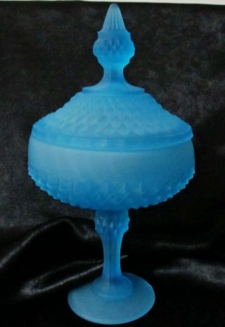 Tiara Indiana Glass Satin Blue Frosted Diamond Point Compote Candy Dish With Lid